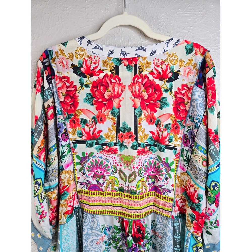 John Mark Floral Patchwork Blouse L Multi Color Relaxed Eclectic Boho Artsy Top - Picture 7 of 13